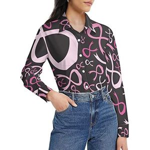 Borstkanker bewustzijn roze lint damesshirt lange mouw button down blouse casual werk shirts tops 2XL