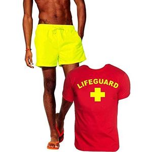 Lifeguard Zwemboei kostuum reddingszwemmer 2-delige set T-shirt rood + zwembroek neongeel maat L