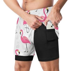 Cartoon Flamingo Grappige Zwembroek met Compressie Liner & Pocket Voor Mannen Board Zwemmen Sport Shorts