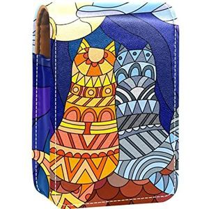 Gepersonaliseerde Lipstick Case Draagbare Make-up Tas Cosmetische Pouch Lippenstift Houder Make-up Organizer Katten Gebrandschilderd Glas, Meerkleurig, 9.5x2x7 cm/3.7x0.8x2.7 in