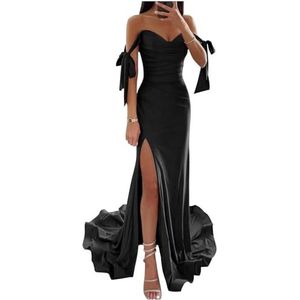 KURFACE Off-shoulder zeemeermin galajurken met split geplooide strapless satijn formele bruidsmeisjesjurk, Zwart, 48 grote maten