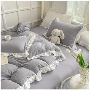 Kanten beddengoedhoes, Dekbedovertrekset met ruches, prinsessenstijl, veelkleurig, meerdere maten, 4 stuks, katoen(Color-02,Full 4pcs 180x220)