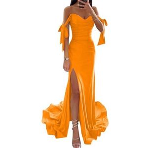 WSEYU Off Shoulder Satijn Bruidsmeisjes Jurken Zeemeermin Prom Jurk Corset Formele Avondjurk Hoge Split Bruiloft Gast Jurk, Oranje, 54