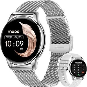Maoo Ventura AMOLED Smartwatch Dames, Always On Display, RVS en Siliconen Bandje, Belfunctie, Stappenteller, Hartslagmeter, Slaapmonitor, 100+ Sportmodi, 300+ Wijzerplaten, Android en iOS, Zilver