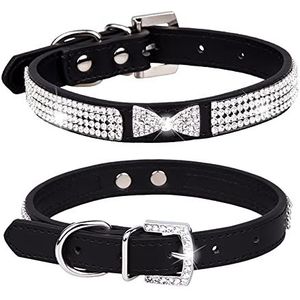 haoyueer Leuke oogverblindende sprankelende elegante chique PU lederen Bling strass kristal juwelen huisdier kat hond puppy kraag... (S, zwart-3)