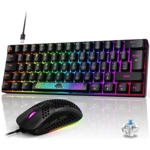 Bedraad gaming-toetsenbord en muisset, 60% procent oplichtend mechanisch toetsenbord met optische clicky blauwe schakelaar UK lay-out+ultra lichtgewicht 6400 DPI RGB gamingmuis+muismat voor pc/Mac,