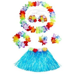 Dames meisjes hoelarok 40 cm 5 stks/6 stuks Hawaiiaanse hoelagras dansrok met Leis kostuum elastisch gras Hawaiiaanse bloem armbanden hoofdband ketting (kleur: blauw, maat: 40 cm 6 stuks)