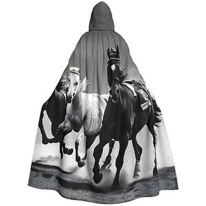 WURTON Zwart-witte paarden rennen mystieke mantel met capuchon voor mannen en vrouwen, ideaal voor Halloween, cosplay en carnaval, 185 cm