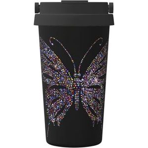 EdWal Strass vlinder print 500ml koffiemok, geïsoleerde camping mok met deksel, reisbeker, geweldig voor elke drank