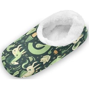 KAAVIYO Groene cartoon patronen dieren outdoor slippers katoenen huisschoenen gesloten rug winter antislip pluizige voeten pantoffels voor indoor jongens vrouwen, Patroon, Large