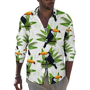Toucan Tropische palmboom heren button-down shirt met lange mouwen casual strandtops met zak normale pasvorm