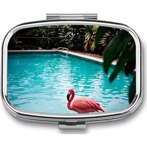 Flamingo en Zwembad Pillendoos 2 Compartiment Pillendoosje Draagbare Pocket Pil Organizer Geneeskunde Vitamine Organizer voor Mannen Vrouwen