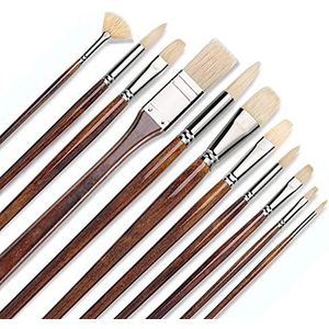 Fuumuui Varkenshaar Borstels-11 stks Professionele Olie & Acrylics Artist Paint Borstels Gelakt Berkenhout Lange Handvatten met een Gratis Draagdoos