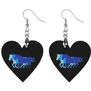 Blauw Retro Paard Silhouet Leuke Hartvormige Hanger Oorbellen Voor Vrouwen Lichtgewicht Houten Oorbellen Mode-sieraden Geschenken