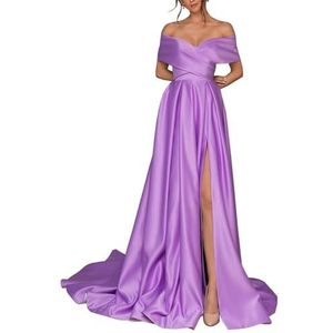 BRIGOW Satijnen bruidsmeisjesjurk voor dames, met split, galajurken, plooien, cocktailjurk, grote maten, Lila, 32