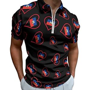 I Love Haïti Rood Hart Half Zip-up Polo Shirts Voor Mannen Slim Fit Korte Mouw T-shirt Sneldrogende Golf Tops Tees S