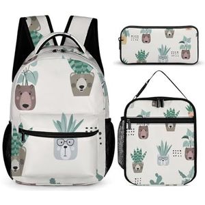 Cartoon Beer Gezicht Planten Print Rugzak Set Reizen Laptop Rugzak Met Lunch Tas En Potlood Tas