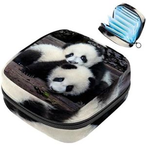 JAVENPROEQT 1 x maandverband, opbergtas, grote maandverband, organizer, herbruikbare eerste menstruatietas voor meisjes, dames, dames, 17 x 17 x 12 cm, twee schattige panda-dieren
