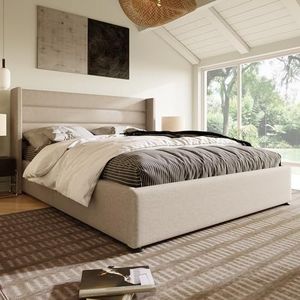 Aunvla Opbergbed, gestoffeerd bed, hydraulisch, tweepersoonsbed, 160 x 200 cm, lattenbodem van hout, bed met lattenbodem van metalen frame, linnen, beige