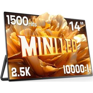 UPERFECT 14 Inch Portable Monitor Mini LED 2.5K | 1500 Nits | 2560x1600 | 10000:1 Contrast | Freesync Draagbaar Scherm met Standaard & VESA, Ultradun outdoor Screen voor Laptop, Telefoon, Game Console
