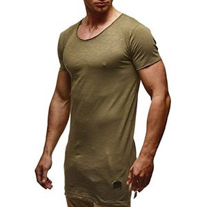 Leif Nelson LN6336 Zomer-T-shirt voor heren, ronde hals, slim fit, katoenaandeel, modern heren-T-shirt, korte mouwen, lang, Kaki, S