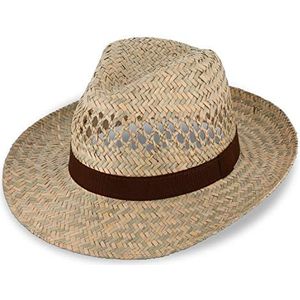 fiebig Fedora strohoed met bruin lint | zonnehoed voor mannen en vrouwen in 100% stro | Bogart hoed gemaakt in Italië | zomer hoed met brede rand in kleur natuurlijk (61-XL)