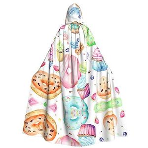 Cupcakes Donuts Muffins Suiker 150 cm Hooded Cape Unisex Halloween Mantel Voor Duivel Heks Tovenaar Halloween Cosplay Dress Up