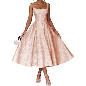 AHERKLL Spaghetti Bandjes Bruidsmeisjes Jurken Bloemen Satijn Jacquard Formele Avond Feest Maxi Jurk Thee Lengte HAH048, Roségoud, 34