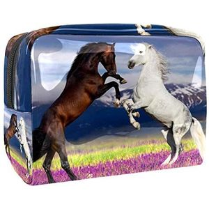 Grote make-up tas PVC toilettas reizen cosmetische tas twee paard opfokken tegen bergzicht in bloem veld patroon draagbare make-up zakje voor vrouwen meisjes