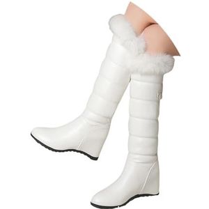 Hoge Laarzen for De Herfst Winter Dameslaarzen Met Lange Schacht En Gesp Warme, Met Pluche Gevoerde Snowboots PU-leren Kniehoge Laarzen Met Pluche Revers Instapper Katoenen Schoenen(White,39 EU)