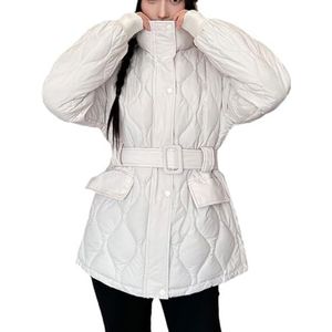 Dames Gewatteerde Parka Met Riem, Opstaande Kraag, Slim Fit Winterpufferjack en Zakken(White,XXL)