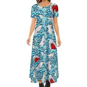 Mooie cartoon haai vrouwen zomer casual korte mouw maxi jurk ronde hals gedrukt lange jurken 2XL