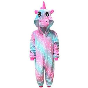 Eenhoorn onesie voor kinderen, meisjes, comfortabele pyjama, jongens, zacht slaappakje, cadeau voor kinderen, dierenjumpsuit, verkleedkostuum, Eenhoorn - roze groene sterren, 8-9 Jaren
