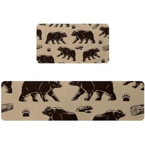 VAPOKF 2 stuks keukenmat beer grizzly klauwen stenen houten stronken, antislip wasbaar vloertapijt, absorberende keuken mat loper tapijt voor keuken, hal, wasruimte