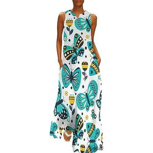 Kleurrijke Romantische Vlinders Vrouwen Enkellengte Jurk Slim Fit Mouwloze Maxi Jurken Casual Zonnejurk XL