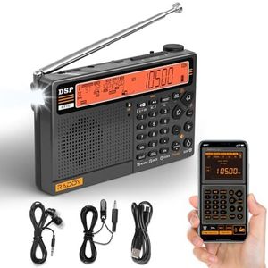 Raddy RF757 APP-bediening kortegolfradio, draagbare radio met AM/FM/SW/VHF/UHF/CB/AIR-ontvangst, 2500 mAh batterij, 1000 voorkeurzenders, hoofdtelefoon, bekabelde antenne, SOS-alarm voor noodgevallen