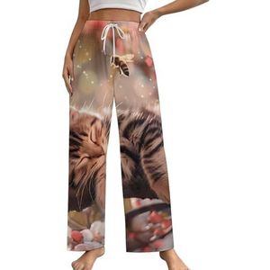 Cat Loungebroek voor dames, pyjamabroek, print, pyjamabroek, pyjamabroek, pyjamabroek, nachtkleding met trekkoord, XL