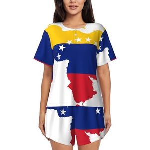 JIAWUJYNB Venezuela Vlag Print Dames Pyjama Korte Mouwen Pyjama Set Pyjama Lounge Set Met Zakken, Zwart, S
