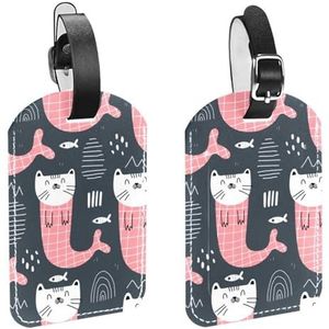Set van 2 PU-lederen bagagelabels, duurzame kofferlabels met veilige riem, reisaccessoires voor eenvoudige identificatie, cartoon kat zeemeermin