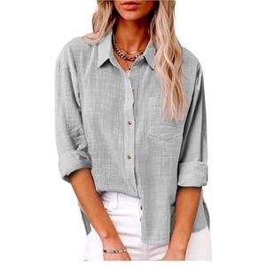 Dames katoenen linnen button-down overhemd 2024 lente casual effen kleur shirts met lange mouwen losse werktops met zakken(Color:Gray,Size:M)