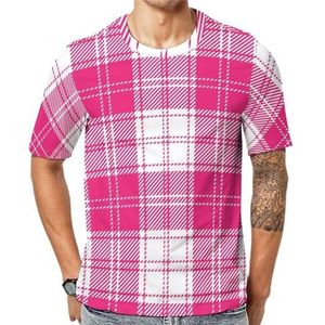 Roze en wit tartan geruite heren grafische T-shirt met korte mouwen ronde hals print casual T-shirt S