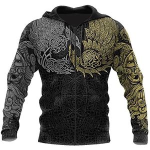 Norse Viking Odin's Raven Hoodie,Herenmode Casual 3D Digital Print Tattoo Zip Pullover, Pagan Vintage Harajuku Hooded Sweatshirt Plus Size S-5XL