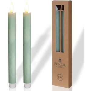 comforder Led-kaarsen met flikkerende vlam, set van 2, echte was, elektrische staafkaarsen met timerfunctie, eucalyptusgroen