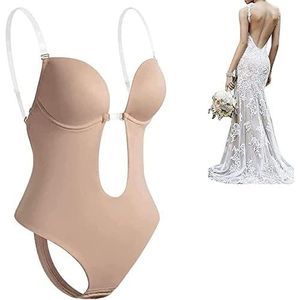 Labstandard Shapewear 2023 Nieuwe U-plunge bodysuit voor dames, rugloze string, strapless ondergoed, diepe V-hals, doorzichtige bandjes, bodybeha voor feestjes, jurken, bruiloften (naakt, M)