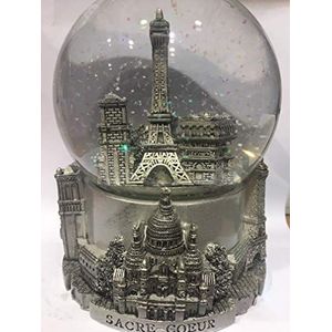 Sneeuwbol Eiffeltoren en Monuments de Parijs – zilvergrijs – grote grootte 14 cm – sokkel van hoogwaardige hars en glazen bol – Monuments de Parijs in 3D gegraveerd – glinsterende sneeuw – kleur grijs