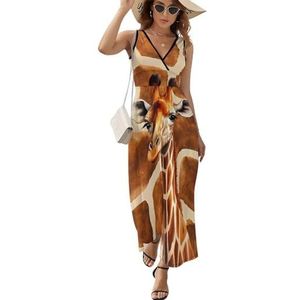 Giraffe Dier en Huid Textuur Vrouwen Mouwloos V-hals Maxi Jurk Casual Zomer Lange Jurk