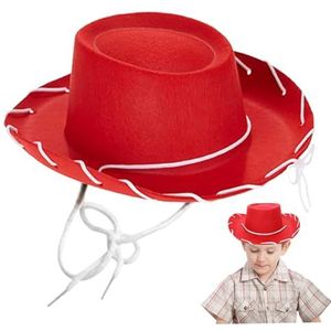 Kinderen cowboy hoed brede rand niet-geweven stof western cowboy hoed met string solide kleur cowboy hoed voor verkleed cowboy feest Halloween, rood 1 stuk cowboyhoed