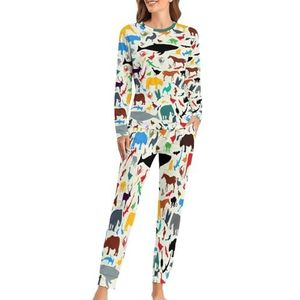 Kleurrijke Dieren Zachte Vrouwen Pyjama Lange Mouw Warm Fit Pyjama Loungewear Sets met Zakken 3XL