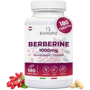 Bandini® Berberine 1000mg pure hoge dosering | 180 veganistische tabletten - Berberine HCl uit Berberis Aristata 97% + Chroom en Zwarte Peper | Maximale opname - Spijsvertering, lever, darmfunctie