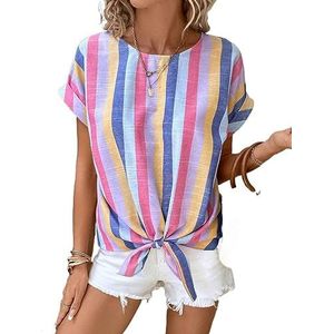 dames topjes Gestreepte blouse met knoopzoom en vleermuismouwen (Color : Multicolore, Size : L)